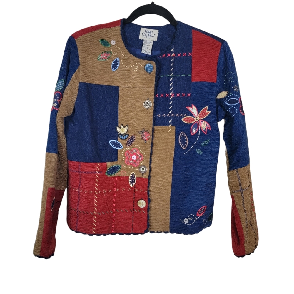 Vintage Koret City Blues Womens Patchwork Embroidered Colorblock Jacket‎ Sz XS/S